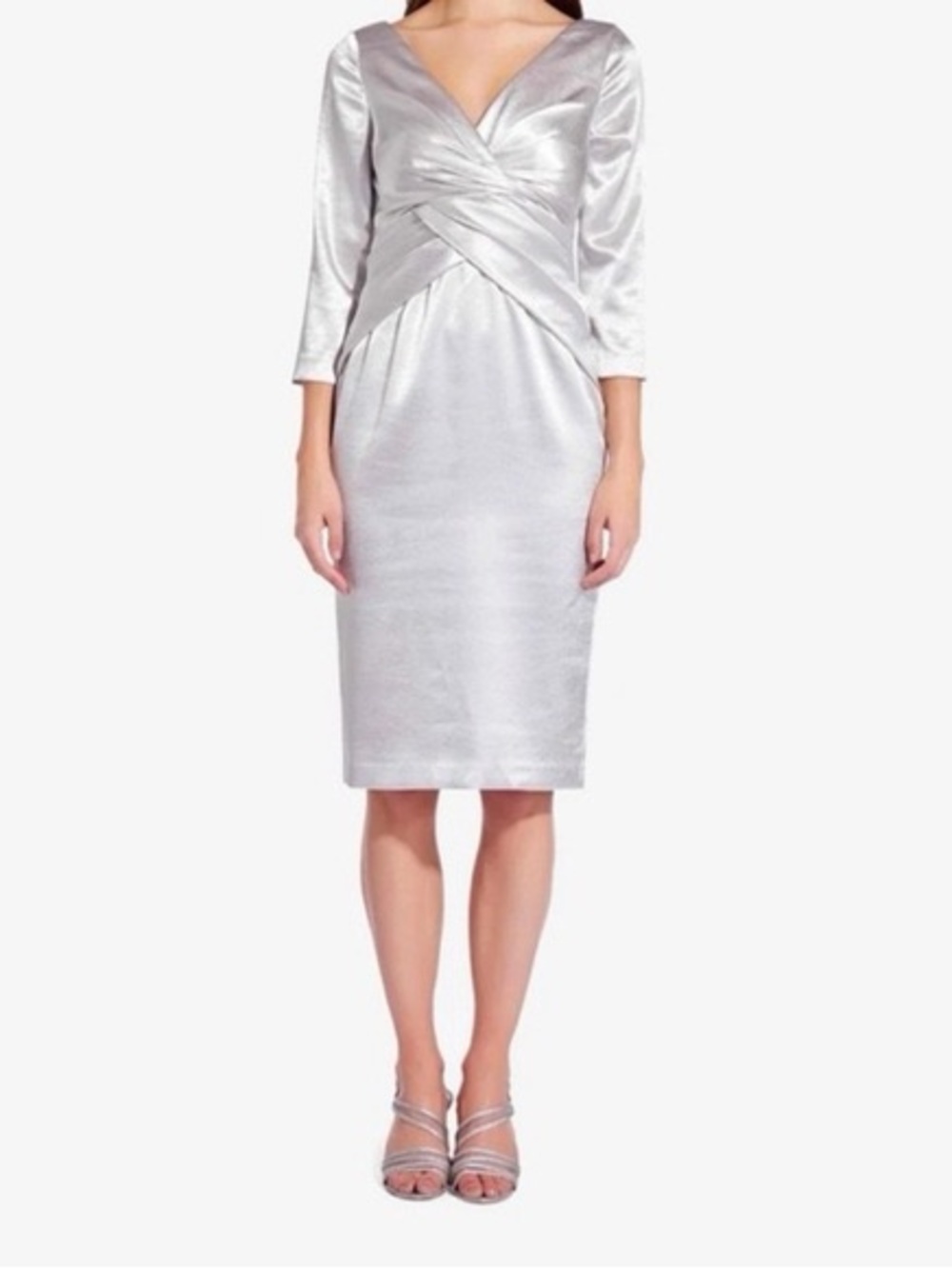 Adrianna Papell Size 4 NWT Silver Metallic Satin Cocktail Midi Dress GALA MOB